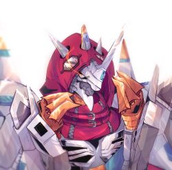  absurdres bassomega commentary digimon digimon_(creature) dragon english_commentary eye_trail highres hood hood_up horns jesmon light_trail red_hood shoulder_spikes simple_background solo spikes upper_body white_background yellow_eyes 