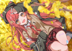 1girl absurdres autumn_leaves bandaid bandaid_on_leg black_choker black_nails bule_blue_2 choker collared_shirt commentary_request hair_ornament hand_up highres leaf long_hair long_sleeves looking_at_viewer neckerchief nekota_tsuna open_mouth orange_eyes outdoors red_neckerchief red_skirt school_uniform shirt shoes skirt smile socks solo sweater_vest virtual_youtuber vspo! white_socks 