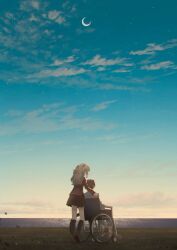  1boy 1girl asukake_project black_socks brown_shoes brown_skirt charlotte_(anime) commentary crescent_moon grass grey_hair highres hoshinoumi_academy_school_uniform kneehighs long_hair moon ocean otosaka_yuu red_shirt school_uniform serafuku shirt shoes short_hair skirt sky socks star_(sky) starry_sky tomori_nao two_side_up wheelchair wide_shot 