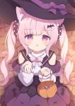  1girl animal_ears blurry blush bow candy cat_ears cat_girl cat_tail chestnut_mouth depth_of_field detached_sleeves food from_above hair_ornament hair_scrunchie halloween hat hat_bow highres holding long_hair looking_at_viewer open_mouth original outstretched_hand pink_hair scrunchie sidelocks skirt solo tail twintails tyakomes variant_set violet_eyes witch_hat 
