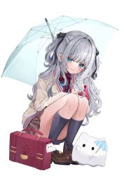  1girl armband black_socks blue_eyes brown_shoes commentary grey_hair highres holding holding_umbrella kaga_sumire kneehighs loafers long_sleeves looking_at_viewer mole mole_under_eye ohagetty red_armband school_uniform shoes short_hair simple_background smile socks solo squatting symbol-only_commentary umbrella virtual_youtuber vspo! white_background 