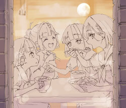  4girls :d ^_^ ahoge anyoji_hime blunt_bangs blunt_ends bob_cut bowl braid breast_pocket center-flap_bangs chopsticks closed_eyes commentary_request eating food fried_rice from_outside greyscale_with_colored_background hair_ornament hasu_no_shoushihenkei hasu_no_sora_school_uniform highres holding holding_chopsticks holding_spoon indoors kachimachi_kosuzu katsuragi_izumi lao_ren_xing link!_like!_love_live! long_hair looking_at_another love_live! momose_ginko multi-tied_hair multiple_girls neckerchief open_mouth pocket ponytail profile restaurant sailor_collar school_uniform short_hair short_sleeves side_braids sitting smile spoon summer_uniform triangle_hair_ornament virtual_youtuber yellow_background 