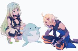  1boy 1girl :3 absurdres ahoge bare_shoulders black_scarf blonde_hair blue_shirt breasts cleavage_cutout clothing_cutout creature dress emil_castagnier gloves green_dress green_eyes green_hair green_pants hair_intakes head_rest highres in-franchise_crossover indian_style kururu_(tales) large_breasts long_hair looking_at_creature martel_(tales) nancykittyu pants red_eyes scarf shirt simple_background sitting smile squatting tales_of_(series) tales_of_phantasia tales_of_phantasia:_narikiri_dungeon tales_of_symphonia tales_of_symphonia_knight_of_ratatosk white_background 