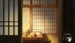  architecture artist_logo candle cup east_asian_architecture highres indoors no_humans open_door original scenery scroll shouji sliding_doors table teapot tray xingzhi_lv 