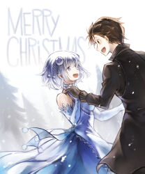 1boy 1girl bad_id bad_pixiv_id bare_shoulders black_coat black_hair breasts coat couple dress elbow_gloves elf emilia_(re:zero) english_text eye_contact flower gloves hair_flower hair_ornament hair_ribbon highres inawa_akito long_sleeves looking_at_another merry_christmas natsuki_subaru open_mouth outdoors pointy_ears re:zero_kara_hajimeru_isekai_seikatsu ribbon rose short_hair smile snowing tree violet_eyes white_flower white_hair white_rose 