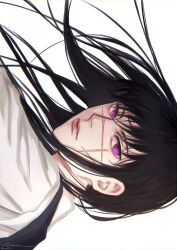  1girl black_hair chainsaw_man closed_mouth commentary floating_hair fourth_east_high_school_uniform highres lips long_hair looking_at_viewer ndsoda nose scar scar_on_cheek scar_on_face scar_on_nose school_uniform sideways simple_background solo twitter_username violet_eyes white_background yoru_(chainsaw_man) 