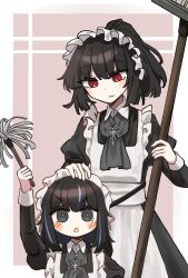  2girls :o apron araya_(project_moon) arm_up ascot black_ascot black_dress black_hair blue_streaks blush_stickers bright_pupils broom child closed_mouth collared_shirt commentary contrast_collar dress duster frilled_apron frills furrowed_brow grey_eyes hand_on_another's_head high_ponytail highres holding holding_broom holding_duster juliet_sleeves limbus_company long_hair long_sleeves looking_at_another looking_at_viewer maid maid_apron maid_headdress mother_and_daughter multiple_girls open_mouth ponytail project_moon puffy_sleeves red_background red_eyes ryoshu_(project_moon) shirt short_hair sidelocks smile sol_phi_0721 white_apron white_pupils wing_collar wuthering_heights_(identity)_(project_moon) 