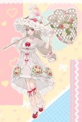  1girl absurdres argyle_clothes argyle_sleeves arm_warmers blonde_hair blunt_bangs bow bow_button bow_choker bow_legwear bowtie butterfly_net carrying_over_shoulder chinese_commentary choker collarbone colorful_background commentary_request dot_nose dress dress_ribbon eyelashes floral_print food-themed_hair_ornament frilled_arm_warmers frilled_bow frilled_choker frilled_footwear frilled_headwear frilled_leg_warmers frilled_sleeves frills full_body hair_ornament hand_net happy hat hat_bow heart highres holding holding_butterfly_net infinity_nikki lace-trimmed_dress lace_trim leg_warmers loafers long_hair looking_at_viewer low-tied_long_hair luoyuzhanhua medium_dress nikki_(series) open_mouth outline pink_choker pink_eyes polka_dot polka_dot_bow polka_dot_bowtie pom_pom_(clothes) print_dress puffy_short_sleeves puffy_sleeves red_bow red_bowtie red_hat red_shoes ribbon ribbon-trimmed_choker see-through_clothes see-through_leg_warmers see-through_sleeves shadow shoes short_sleeves smile solo standing strawberry_hair_ornament sweet_waltz_(infinity_nikki) tailcoat very_long_hair white_arm_warmers white_bow white_bowtie white_dress white_leg_warmers white_outline white_ribbon witch_hat 