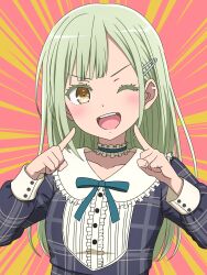  1girl bang_dream! bang_dream!_it's_mygo!!!!! choker commentary_request frilled_choker frills green_hair hair_ornament hairclip highres long_hair long_sleeves mortis_(bang_dream!) mortis_(persona)_(bang_dream!) noshimurin one_eye_closed simple_background solo speech_bubble textless_version wakaba_mutsumi yellow_eyes 