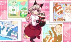  +_+ 1girl absurdres animal_ears black_cat blush bow breasts casual cat cellphone closed_eyes closed_mouth commentary cup cupsie_yummy curren_chan_(casual)_(umamusume) curren_chan_(umamusume) duel_monster ear_bow ear_covers english_commentary food fruit grey_hair hair_between_eyes heart heart_necklace highres holding holding_phone holding_spoon horns horse_ears horse_girl horse_tail jewelry long_sleeves looking_at_viewer necklace open_mouth phone photo_(object) red_bow red_skirt roller_coaster scalizo selfie shirt short_hair single_ear_cover skirt smartphone smile sparkle spoon strawberry stuffed_toy sweater tail turtleneck umamusume violet_eyes white_sweater yellow_eyes yu-gi-oh! 
