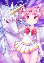  1girl 2026 bishoujo_senshi_sailor_moon bishoujo_senshi_sailor_moon_supers bow brooch chibi_usa choker circlet closed_mouth commentary cone_hair_bun cowboy_shot crescent crescent_earrings dated double_bun earrings elbow_gloves glint gloves hair_bun hair_ornament heart heart_brooch heart_choker helios_(sailor_moon) highres himehachi_(hime8manga) jewelry long_hair looking_at_viewer magical_girl miniskirt multicolored_skirt parted_bangs pegasus_(sailor_moon) pink_hair pink_sailor_collar pleated_skirt red_bow sailor_chibi_moon sailor_collar sailor_senshi_uniform skirt smile super_sailor_chibi_moon textless_version twintails unicorn white_gloves yellow_choker 