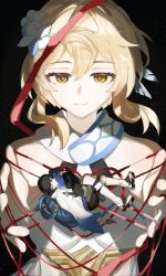  1boy 1girl armor bare_shoulders black_background black_hair black_sandals black_shorts blonde_hair blue_cape blue_feathers blue_flower blue_trim blunt_ends bridal_gauntlets cape cat's_cradle clenched_hands closed_eyes closed_mouth dress eyelashes eyeliner facing_another feather_hair_ornament feathers fetal_position fingernails flower furisode genshin_impact hair_flower hair_ornament half-closed_eyes halterneck highres japanese_armor japanese_clothes kimono kote kurokote leg_warmers looking_at_another lumine_(genshin_impact) lying makeup mini_person miniboy multicolored_flower on_side open_hands purple_rope purple_sash red_eyeliner red_pupils rope sandals sash scaramouche_(genshin_impact) scarf short_hair short_hair_with_long_locks short_sleeves shorts sidelocks sideways_mouth stirrup_legwear toeless_legwear toes wanderer_(genshin_impact) whisper_(suisuibingtang) white_dress white_flower white_kimono white_leg_warmers white_scarf white_sleeves yellow_eyes zouri 