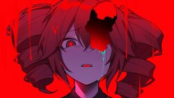  1girl absurdres broken_skin colored_eyelashes commentary_request cracked_skin drill_hair dripping highres hole_in_face hollow_body kasane_teto looking_at_viewer marshmallow_(vocaloid) open_mouth portrait red_background red_eyes red_hair red_theme simple_background solo tomya twin_drills utau 