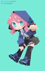  absurdres arknights blue_eyes blue_poison_(arknights) cake chibi flat_color food highres holding holding_food hood jacket knee_high_socks looking_at_viewer pink_hair shorts simple_background smile strawberry_cake 