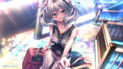  1girl 1other amakano_2 bead_bracelet beads black_ribbon black_shirt blue_eyes blush bracelet breasts closed_mouth clothes_grab clothes_writing collarbone day grey_hair hair_between_eyes hair_ribbon holding holding_suitcase jewelry jigokudani_sara large_breasts looking_at_viewer medium_hair mole mole_under_eye official_art outdoors pants piromizu pov ribbon rolling_suitcase shadow shirt sleeveless sleeveless_shirt smile standing suitcase sunlight twintails white_pants 
