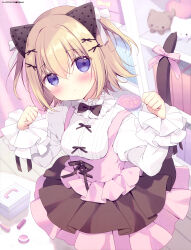 1girl absurdres animal_ears artist_name black_bow black_bowtie blonde_hair blush book bookshelf bow bowtie breasts cat_ears cat_girl cat_tail curtains dengeki_moeoh dress dress_shirt from_above hair_ornament hair_ribbon hairpin head_tilt highres indoors juliet_sleeves long_sleeves looking_at_viewer magazine_scan miyasaka_miyu multiple_hairpins original parted_lips paw_pose pink_bow pink_dress puffy_sleeves ribbon scan shirt shirt_under_dress short_hair sleeveless sleeveless_dress small_breasts solo stuffed_animal stuffed_cat stuffed_toy tail tail_bow tail_ornament third-party_source two_side_up violet_eyes white_ribbon white_shirt