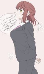  1girl black_jacket black_pants black_suit closed_mouth collared_shirt commentary_request from_side green_eyes grey_background highres jacket keitaro_tension long_sleeves looking_at_viewer looking_to_the_side love_live! love_live!_nijigasaki_high_school_idol_club necktie pant_suit pants pink_necktie pocket profile shirt simple_background smile solo suit suit_jacket translation_request uehara_ayumu walking white_shirt 