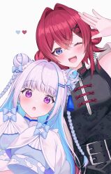  2girls :d :o ange_katrina ange_katrina_(china_dress) arm_up belt black_belt black_dress blue_bow blue_eyes blue_hair blush bow braid china_dress chinese_clothes colored_inner_hair commentary crossed_bangs double_bun dress futaba_nanami hair_between_eyes hair_bow hair_bun hair_intakes hair_ornament hairpin hands_up highres lize_helesta lize_helesta_(11th_costume) long_hair looking_at_viewer multicolored_hair multiple_belts multiple_girls multiple_hairpins nijisanji one_eye_closed pankou red_hair shirt simple_background sleeves_past_fingers sleeves_past_wrists smile streaked_hair symbol-only_commentary tassel tassel_hair_ornament twin_braids two-tone_hair violet_eyes virtual_youtuber waving white_background white_hair white_shirt x_hair_ornament 