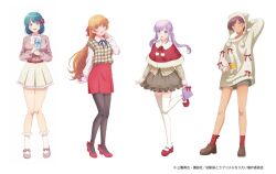  4girls anime_coloring arm_behind_back arm_behind_head belt blue_eyes blue_hair blue_ribbon blush bow box breasts brown_hair brown_pantyhose brown_shoes brown_skirt capelet closed_mouth collared_shirt commentary_request copyright_notice frilled_socks frills gift gift_box grey_shorts hair_bow hat hinata_haru_(osananajimi_to_wa_lovecome_ni_naranai) hiodoshi_akari holding large_breasts lineup long_hair long_sleeves looking_at_viewer mary_janes minamo_shio multiple_girls neck_ribbon official_art open_mouth orange_hair osananajimi_to_wa_lovecome_ni_naranai pantyhose pink_shoes pink_sweater plaid_clothes plaid_shirt plaid_vest purple_hair red_belt red_bow red_capelet red_eyes red_shoes red_skirt red_socks ribbon shirt shoes short_hair shorts simple_background skirt small_breasts smile socks standing standing_on_one_leg sweater thigh-highs tsukimi_runa twintails vest violet_eyes white_background white_hat white_shirt white_skirt white_socks white_sweater white_thighhighs 