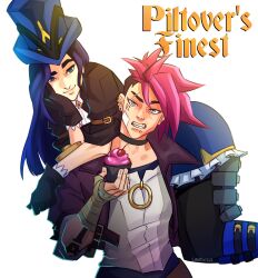 2girls 2others 2xko absurdres arm_tattoo asymmetrical_hair black_gloves blue_hair caitlyn_(league_of_legends) carrying carrying_over_shoulder carrying_person cupcake eyebrow_cut face_piercing facial_tattoo food gloves hat highres jacket lantuille league_of_legends lip_piercing long_hair looking_at_viewer multiple_girls multiple_others piercing pink_hair sidecut smile tattoo top_hat undercut vi_(league_of_legends)