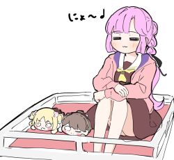  1girl :3 =_= anyoji_hime arms_on_knees black_ribbon blunt_sidelocks brown_dress character_doll closed_eyes commentary_request doll dress fujishima_megumi hair_ribbon hasu_no_sora_school_uniform hood hooded_jacket jacket knees_up link!_like!_love_live! long_sleeves love_live! multi-tied_hair musical_note neckerchief nesoberi open_clothes open_jacket osawa_rurino pink_hair pink_jacket ponytail quarter_note ribbon sailor_collar sailor_dress school_uniform sidelocks sitting smile solo tazaki_masanobu virtual_youtuber white_sailor_collar winter_uniform yellow_neckerchief 