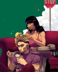  1boy 1girl black_hair blonde_hair blue_streaks braiding_another's_hair chopsticks corded_phone cornrows couch crop_top eating face_piercing facial_hair food hakari_kinji highres holding holding_chopsticks holding_with_chopsticks hoshi_kirara instant_cup_noodles instant_noodles itsblyssbby jujutsu_kaisen lip_piercing multicolored_hair mustache noodles on_couch phone piercing ramen sitting streaked_hair 