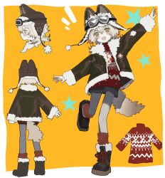  1cyaya1 1girl absurdres animal_ears black_boots blush boots brown_hair brown_jacket commentary_request cropped_shoulders facing_away fur-trimmed_boots fur-trimmed_jacket fur_trim goggles goggles_on_head green_eyes grey_pants highres jacket leka_(1cyaya1) looking_at_viewer multiple_views open_mouth orange_background original outstretched_arms pants pom_pom_(clothes) red_socks red_sweater short_hair simple_background smile socks spread_arms star_(symbol) sweater 