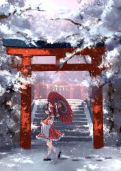  1girl ascot black_sandals bow brown_hair commentary_request detached_sleeves dise_(psychoro) footprints frilled_bow frilled_hair_tubes frilled_skirt frills hair_bow hair_tubes hakurei_reimu highres holding holding_umbrella long_hair oil-paper_umbrella red_bow red_skirt red_umbrella ribbon-trimmed_skirt ribbon-trimmed_sleeves ribbon_trim sandals skirt skirt_set snow socks solo stairs torii touhou umbrella white_socks winter yellow_ascot 