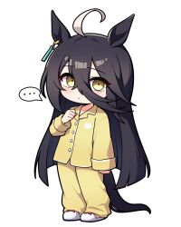  ... 1girl absurdres ahoge animal_ears black_hair blush chibi closed_mouth commentary_request ear_tag earrings full_body hair_between_eyes highres horse_ears horse_girl horse_tail jewelry jorang_(jorang08) korean_commentary long_bangs long_hair long_hair_between_eyes long_sleeves looking_at_viewer manhattan_cafe_(umamusume) multicolored_hair pajamas pants shirt simple_background single_earring slippers solo speech_bubble spoken_ellipsis standing tail umamusume very_long_hair white_background white_hair yellow_eyes yellow_pajamas yellow_pants yellow_shirt 