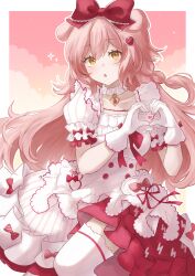  1girl absurdres accurate_lolita_coord animal_ears arknights blush bow braid cat_ears cat_girl choker commentary dress fhlen floppy_ears frilled_bow frills gloves goldenglow_(arknights) goldenglow_(party_in_the_garden)_(arknights) hair_between_eyes hair_ornament heart heart_hair_ornament heart_hands highres jewelry juliet_sleeves lace-trimmed_bow lace_trim leg_up lightning_bolt_print locket lolita_fashion long_hair long_sidelocks long_sleeves looking_at_viewer open_mouth pendant pink_hair plaid_bow puffy_sleeves red_bow red_dress sidelocks single_braid solo sweet_lolita thigh-highs white_dress white_gloves white_thighhighs yellow_eyes 