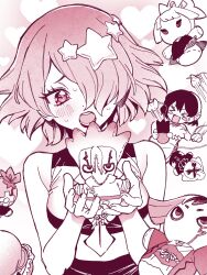  2girls asagiri_gen blush breasts character_doll doll dr._stone hair_ornament hair_over_one_eye heart heart-shaped_pupils heart_background highres ishigami_senkuu kohaku_(dr._stone) koushikitarou_(oisiine8931) lips luna_wright monochrome multiple_girls ogawa_yuzuriha open_mouth red_lips short_hair sleeveless star_(symbol) star_hair_ornament striped_clothes suika_(dr.stone) sweat sweatdrop symbol-shaped_pupils xeno_(dr.stone) 