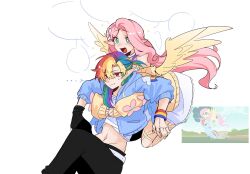  +_+ 0rcazone 2girls aqua_eyes black_gloves black_pants blue_jacket cardigan carrying carrying_person closed_mouth commentary dress english_commentary fluttershy flying gloves hair_between_eyes half_updo highres humanization jacket long_hair long_sleeves looking_ahead midriff multicolored_hair multicolored_nails multiple_girls my_little_pony my_little_pony:_friendship_is_magic open_clothes open_jacket open_mouth pants parted_bangs pink_hair pointy_ears rainbow_dash rainbow_hair red_eyes screenshot_inset simple_background single_glove smile sweatdrop white_background white_dress wings wristband yellow_cardigan yellow_wings yuri 