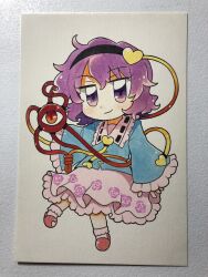  1girl bad_id bad_twitter_id black_hairband blue_shirt buttons chibi chibi_only closed_mouth commentary eyeball floral_print frilled_shirt_collar frilled_sleeves frills full_body hair_ornament hairband heart heart_button heart_hair_ornament highres komeiji_satori long_sleeves looking_at_viewer maa_(forsythia1729) medium_hair photo_(medium) pink_skirt pink_socks print_skirt purple_hair red_slippers ribbon-trimmed_collar ribbon_trim rose_print shirt skirt slippers smile socks solo third_eye touhou traditional_media violet_eyes wide_sleeves 