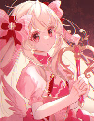  1girl absurdres bad_id bad_pixiv_id blonde_hair chaos_marie_(grimms_notes) cleavage_cutout closed_mouth clothing_cutout corset diamond_necklace fukkatsu_no_maya grimms_notes hair_between_eyes hair_ribbon highres holding holding_wand jewelry long_hair long_sidelocks looking_at_viewer necklace noble_heart_(grimms_notes) pink_ribbon puffy_sleeves red_background red_corset ribbon sidelocks smile solo striped_ribbon upper_body very_long_hair wand wings 