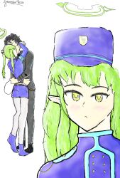  blue_archive blue_shorts commentary doodle_sensei_(blue_archive) english_commentary green_hair green_halo halo hikari_(blue_archive) loose_socks nozomi_(blue_archive) pantyhose police police_uniform self-upload sensei_(blue_archive) sensei_(blue_archive_the_animation) shorts socks white_background white_pantyhose yellow_eyes 