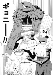  1girl 2others blood blood_from_eyes bowl breasts chainsaw_man chef chef_hat closed_eyes commentary_request cooking_pot cutting_board elbow_gloves extra_arms falling_devil_(chainsaw_man) falling_petals fire_devil_(chainsaw_man) flat_top_chef_hat gloves greyscale guillotine_devil_(chainsaw_man) hat highres holding holding_bowl holding_detached_head k.rikina large_breasts monochrome multiple_others open_mouth petals radish smile translation_request 
