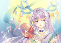  1girl 2018 above-cleavage_cutout absurdres antlers braid bug butterfly closed_mouth clothing_cutout collar collarbone dated day deer_antlers deer_of_net_moon_(miracle_nikki) detached_collar detached_sleeves eyelashes eyeshadow frilled_sleeves frills ginkgo_leaf hagoromo hair_intakes hand_fan happy highres holding holding_fan horns leaf light_blush light_particles lipstick long_hair makeup miracle_nikki muriel_miaoke nikki_(series) outdoors pink_eyeshadow pink_lips purple_hair purple_hanfu purple_ribbon ribbon shawl side_braids signature sleeve_ribbon smile solo sun tuanshan twin_braids upper_body very_long_hair violet_eyes white_collar white_sleeves 