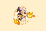  1other blush bow commentary english_commentary english_text hat highres jack-o&#039;-lantern mimikyu no_humans pokemon pokemon_(creature) purple_bow purple_headwear sugahri witch_hat 