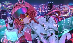  1girl adjusting_eyewear black_gloves bodysuit cityscape closed_mouth commentary_request gloves highres hologram long_hair long_sleeves looking_at_viewer multicolored_gloves nekota_tsuna ohagetty orange_eyes outdoors red_hair smile solo two-sided_gloves two-tone_gloves virtual_youtuber vspo! white_bodysuit white_gloves 