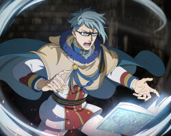  1boy absurdres black_clover black_clover_m:_rise_of_the_wizard_king blue_cape book brown_capelet cape capelet earrings glasses grey_hair grimoire highres jacket jewelry klaus_lunettes looking_at_viewer multicolored_jacket non-web_source official_art open_book open_mouth pants red_jacket short_hair solo teeth two-tone_jacket white_jacket white_pants 