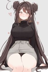  :3 ahoge black_sweater blush breasts brown_eyes brown_hair commentary english_commentary grey_skirt hair_bun heart heart-shaped_pupils heart_ahoge highres huge_ahoge indie_virtual_youtuber large_breasts long_hair simple_background sitting skirt sky_above_me sky_above_me_(vtuber) sweater symbol-shaped_pupils virtual_youtuber 