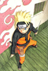  1boy absurdres black_boots black_jacket blonde_hair blue_eyes boots facial_mark forehead_protector highres holding holding_sword holding_weapon jacket katana kishimoto_masashi konohagakure_symbol looking_to_the_side multicolored_jacket naruto_(series) naruto_shippuuden official_art open-toe_boots orange_jacket orange_pants pants reverse_grip short_hair sword two-tone_jacket uzumaki_naruto weapon whisker_markings wooden_floor 