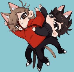  2boys animal_ears animification antenna_hair aqua_background bandage_on_cheek bikmo321 black_hoodie black_pants black_shoes boy_on_top brown_eyes brown_hair cat_boy cat_ears cat_tail chibi chibi_only commentary_request drawstring dual_persona eddsworld extra_ears flipped_hair full_body highres hood hood_down hoodie kemonomimi_mode long_sleeves looking_at_viewer lying male_focus multiple_boys on_back on_side pants prototype_design red_hoodie shoes short_hair simple_background slit_pupils sneakers tail tongue tongue_out tord_(eddsworld) 