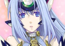 1girl bad_drawr_id bad_id bare_shoulders blue_eyes blue_hair forehead_protector kos-mos kos-mos_ver._4 long_hair looking_at_viewer parted_lips saikachi_(ogre_tree) solo upper_body xenosaga xenosaga_episode_iii 
