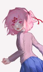  1girl :d backlighting blazer bob_cut collared_shirt cowboy_shot doki_doki_literature_club doki_doki_literature_club_school_uniform hair_ribbon hand_up hashtag-only_commentary highres jacket kozmoraven1610 looking_at_viewer looking_back natsuki_(doki_doki_literature_club) pink_eyes pink_hair ribbon school_uniform shirt short_hair smile solo sparkling_eyes two_side_up variant_set white_shirt 