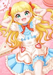  1girl :d apron arms_behind_head arms_up blonde_hair blue_dress blue_eyes blush bow cake cake_slice commentary_request cropped_jacket dress feet_out_of_frame food frilled_apron frilled_dress frills hair_bow highres idolmaster idolmaster_cinderella_girls idolmaster_cinderella_girls_starlight_stage jacket long_hair looking_at_viewer mary_cochran open_clothes open_jacket pleated_dress puffy_short_sleeves puffy_sleeves red_bow regular_mow short_sleeves smile solo two_side_up very_long_hair white_apron white_jacket 