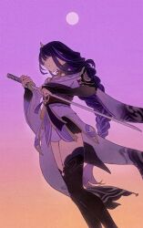  1girl armor blunt_bangs braid bridal_gauntlets closed_mouth dawn expressionless fengshu99941 from_side full_moon genshin_impact glowing glowing_eyes gradient_background gradient_hair gradient_sky hair_ornament highres holding holding_sword holding_weapon japanese_clothes katana kimono lingerie long_braid long_hair looking_down moon multicolored_hair neck_ribbon outdoors purple_hair purple_kimono raiden_shogun red_ribbon red_sash ribbon sash shoulder_armor single_braid sky solo standing streaked_hair sunset sword thigh-highs underwear upper_body violet_eyes weapon 