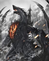  absurdres black_scales chest_spike claws clouds cloudy_sky commentary embers extra_arms feet_out_of_frame glowing glowing_chest glowing_eyes glowing_mouth gogmazios harpoon highres horns looking_ahead monster monster_focus monster_hunter_(series) no_humans nutuki open_mouth outdoors sharp_teeth single_horn sky smoke spikes standing tar teeth weapon weapon_on_back wet winged_arms wings 