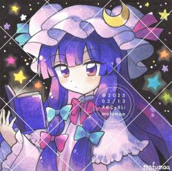  1girl artist_name blue_bow book bow bowtie capelet closed_mouth commentary crescent crescent_hat_ornament dress frilled_sleeves frills hair_bow hat hat_ornament long_hair long_sleeves maa_(forsythia1729) mob_cap multiple_hair_bows open_book patchouli_knowledge pink_bow pink_bowtie pink_capelet pink_dress pink_hat purple_hair solo star_(symbol) striped_clothes striped_dress touhou traditional_media vertical-striped_clothes vertical-striped_dress violet_eyes watermark watermark_grid wide_sleeves 