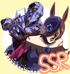  1boy 1girl animal_ears araki_hirohiko_(style) blue_flower blue_rose clothing_cutout collarbone commentary_request diamond_cutout diamond_wa_kudakenai dress english_text eyelashes flipped_hair flower hair_over_one_eye hat highway_star_(stand) holding holding_paper horse_ears jojo_no_kimyou_na_bouken lips long_hair looking_at_viewer no_pupils off-shoulder_dress off_shoulder open_mouth paper purple_hat rice_shower_(umamusume) rose stand_(jojo) teeth tilted_headwear umamusume user_sppg5733 violet_eyes yellow_eyes 